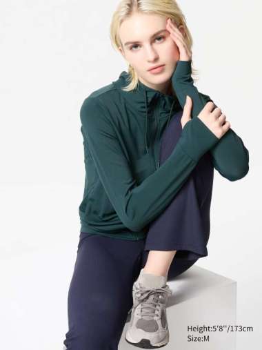 UNIQLO AIRism Jaket Mesh Hoodie wanita Proteksi Sinar UV Protection Full Zip Dark green XL