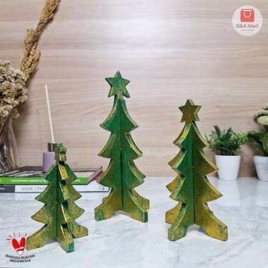 Pajangan Natal Pohon Cemara Kayu Hiasan Dekorasi Meja Rak Home Decor Set Green