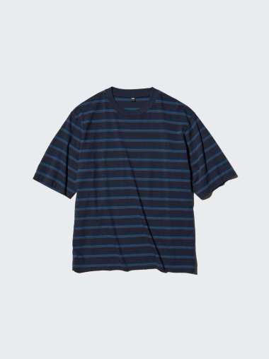UNIQLO T-Shirt Kaos Oversize Pria Motif Garis Garis navy S