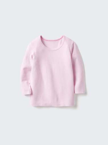 UNIQLO BABY HEATTECH Long John Bayi Cotton T-Shirt Katun Kerah Bulat Crew Neck Lengan Panjang Pink 1