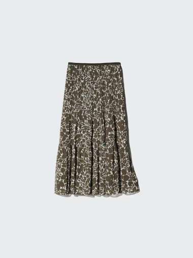 UNIQLO Rok Panel Sifon Chiffon Tiered Skirt wanita motif olive M
