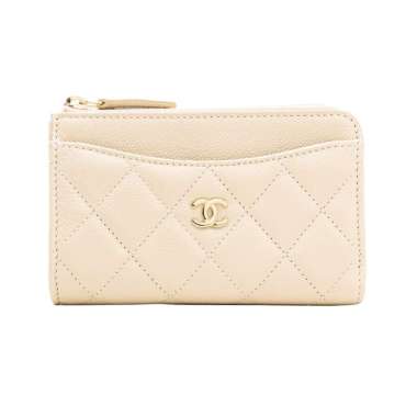 Chanel Classic Zipper Caviar Card Holder Light Beige Lghw
