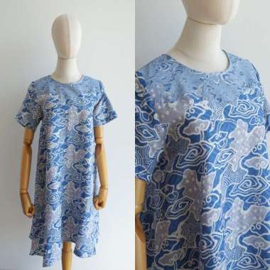 Benangsari Widia Mega Mendung Dress Batik Katun Dobby Terusan Wanita Longgar Loose M MM Blue
