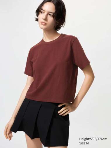 UNIQLO Cotton T-Shirt Kaos Katun wanita Washed Cotton Boxy Lengan Pendek Dark BROWN S