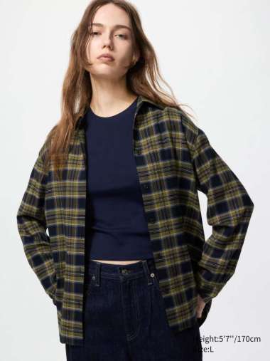 UNIQLO Kemeja Soft Flannel Lembut Wanita Kerah Skipper Shirt Lengan Panjang KOTAK OLIVE S