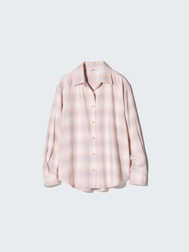UNIQLO Kemeja Soft Flannel Lembut Wanita Kerah Skipper Shirt Lengan Panjang KOTAK PINK S