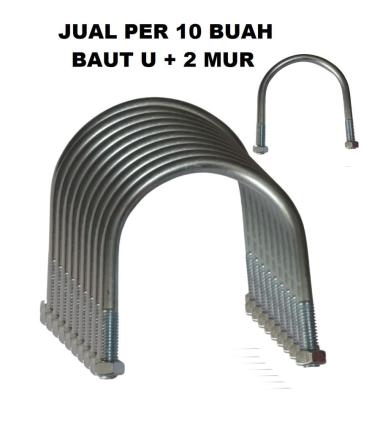 Per 10 Baut U 1/4 x 1 inch Galvanis Klem Pengencang Pipa 2 Mur