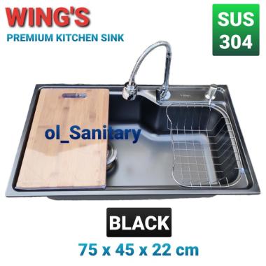 bak cuci piring hitam kitchen sink hitam WINGS 75 X 45 stainless tebal KOMPLIT