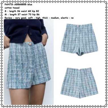AB568855 Celana Pendek Kotak Katun Tweed Wanita Korea Import Biru Blue Casual Short Pants