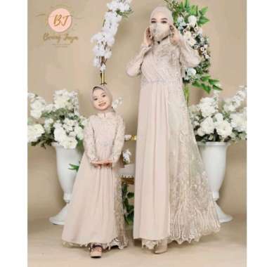 Couple gamis kondangan mewah tile long outer ibu dan anak gamis muslimah trendy selendang payet Hija