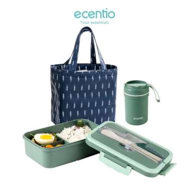 ZS [HADIAH Sendok Garpu] ecentio Lunch Box Set Tas 3 Grid 1000 ml Kotak Makan Set 300ml Cup Sup/Temp