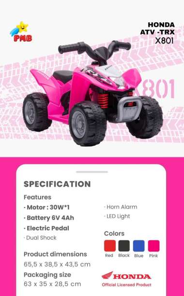 MOTOR AKI MAINAN ANAK X801 HONDA ATV ELECTRIC RIDE ON X 801 PMB TOYS