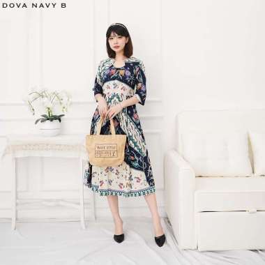 Evercloth Dova Dress Batik Wanita Lengan Panjang Terusan Batik Wanita NAVY