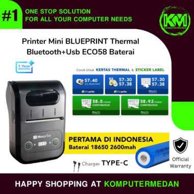 Portable Printer Thermal Mini Bluetooth BLUEPRINT ECO58 Baterai 18650