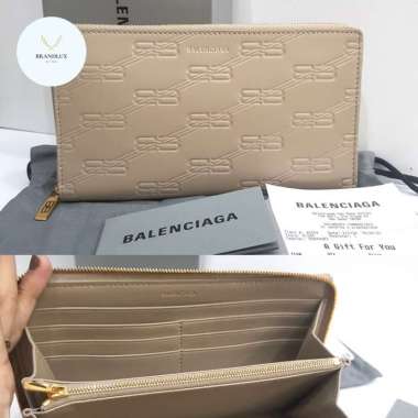 BALENCIAGA Zip Long Wallet Beige BB Logo leather - 100% Authentic