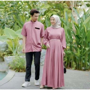 Couple Reline Gamis Dan Kemeja Koko Lengan Pendek Baju Pasangan Muslim Putih