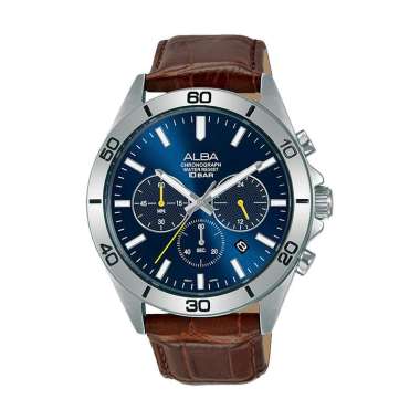 Jam Tangan Pria Alba Active AT3H31X1 Chronograph Men Blue Dial Brown Leather Strap