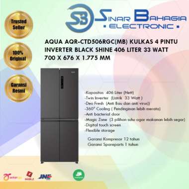AQUA AQR-CTD506RGC(MB) KULKAS 4 PINTU INVERTER BLACK SHINE 406 LITER 33 WATT 700 X 676 X 1.775 MM (NEW) (KHUSUS BANDUNG)