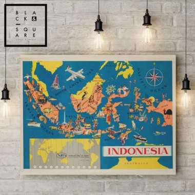 Poster Plus Frame Kayu - Peta Indonesia Vintage 2 - Size A2 Multivariasi Multicolor