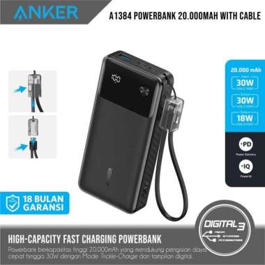 Anker Powerbank 20.000mAh Fast Charging PD 30W Digital Display with Cable USB-C - A1384