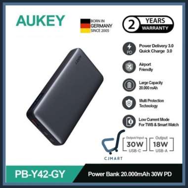 AUKEY Powerbank 20000mah PB-Y42-GY USB C 30W PD 3.0 Slim Power Bank Y42 20.000mAh 30w