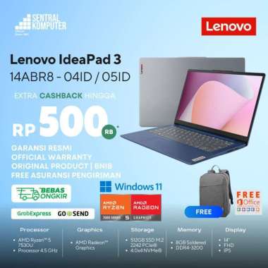 Lenovo IdeaPad Slim 3 14ABR8 AMD Ryzen 5 7530U 8GB DDR4 512GB SSD M.2 Windows 11 & Office Artic Grey