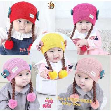 Syalu topi anak perempuan model rambut kepang Rajut Ungu