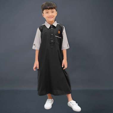 Kawan Muslim - Baju Jubah Gamis Muslim Anak Laki Kombinasi Warna Abu Model Kacing Depan Kerah Formal