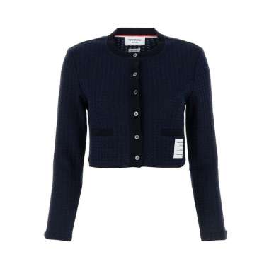 Thom Browne Checkered Jacquard Cropped Cardigan Navy Blue 36 Blue