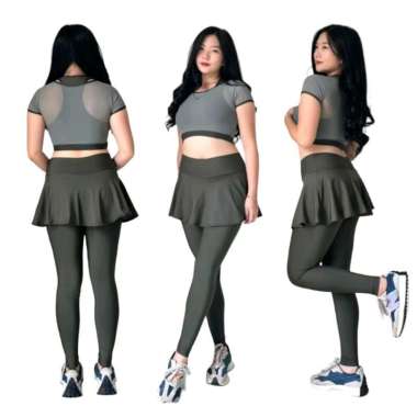 Setelan Legging Rok Mini Crop Jala untuk Senam Gym Fitness Zumba Merah