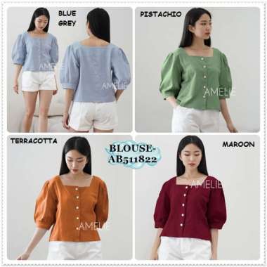 AB511822 Baju Atasan Kemeja Lengan Pendek Wanita Korea Import Merah Maroon Hijau Green Orange Biru B