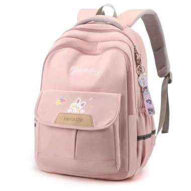 tas sekolah anak perempuan tas gambar kelinci tas anak sd smp - Hitam Blush Pink