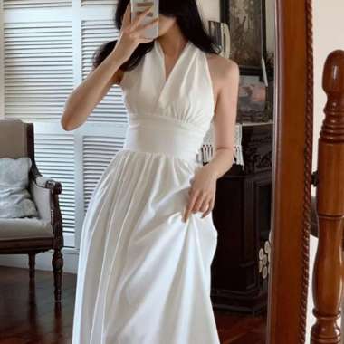 Midi Dress Pantai Backless Halter Neck bahan Katun Rempel pinggang - Putih, S L Biru Muda