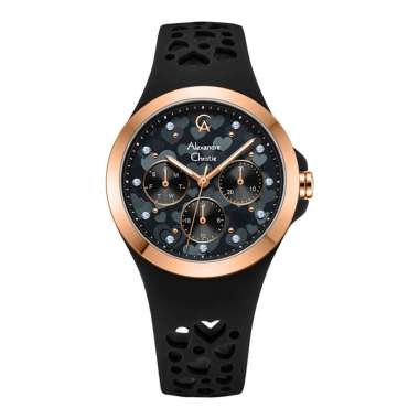 Jam Tangan Wanita Alexandre Christie Multifunction AC 2B04 BF RRGBA Ladies Pattern Dial Black Rubber