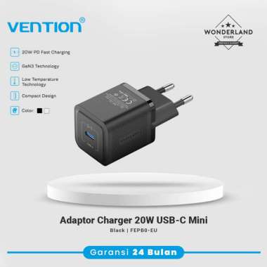 Vention Adaptor Charger 20W USB-C Mini Size PD Fast Charging FEP - Wonderland Store Surabaya Black