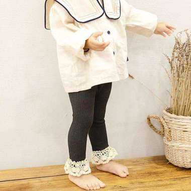 Celana Legging Bayi Anak Perempuan Rajut Cotton Knit Rib Renda Import 4325 Abu Tua S