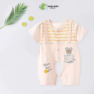 Jumpsuit Bayi Jumper Pendek Anak Romper Baju Kodok Motif Bear Garis Garis Import 4236 Venrz 90 Pink