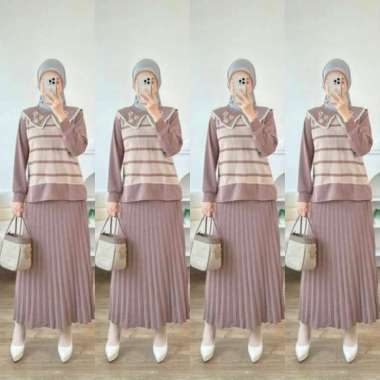 Setelan Rok Bordir Plisket SR 689 One Set XL Rib Knit Pakaian Fashion Muslim Wanita Coklat