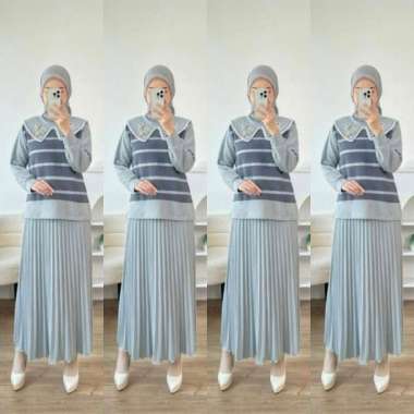 Setelan Rok Bordir Plisket SR 689 One Set XL Rib Knit Pakaian Fashion Muslim Wanita Abu Muda