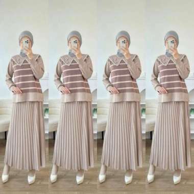 Setelan Rok Bordir Plisket SR 689 One Set XL Rib Knit Pakaian Fashion Muslim Wanita Coksu