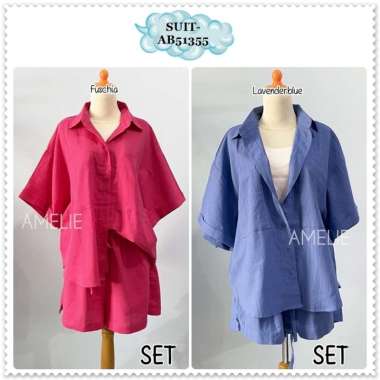 AB51355 SET Setelan Baju Atasan Kemeja Lengan Pendek Celana Pendek Karet Wanita Korea Import Merah R