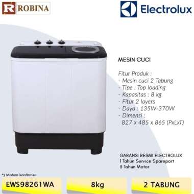 Mesin Cuci Twin Tub / 2 Tabung ELECTROLUX8 KG EWS98261WA / EWS98261 WA