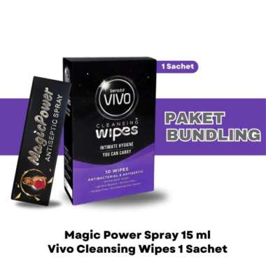 Tisu Magic Power Spray 15 ml + Tissue Basah Vivo Cleansing Wipes 1 Sachet - Paket Bundling