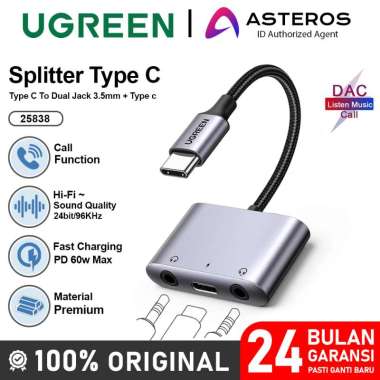 UGREEN Converter Splitter DAC Type C To Jack 3.5Mm Charging Audio Call 25838 3in-1