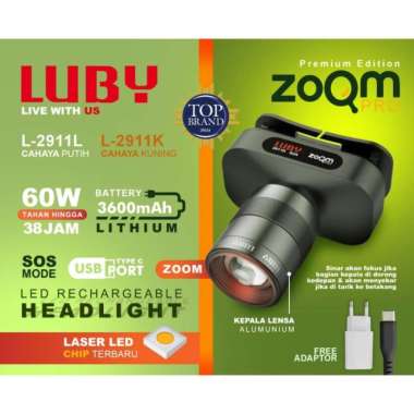 Luby Head Lamp Type L 2911L 60 Watt Senter Kepala Rechargeable Zoom Lensa