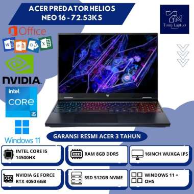 LAPTOP BARU ACER PREDATOR HELIOS NEO 16 INTEL CORE I5-14500HX RAM 8GB DDR5 SSD 512GB NVME 16INCH WUX