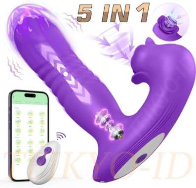 4IN1 TONGUE LICKING & THRUSTING MASSAGER TELESCOPIC VIBRATORR WANITA 5in1APP Ungu
