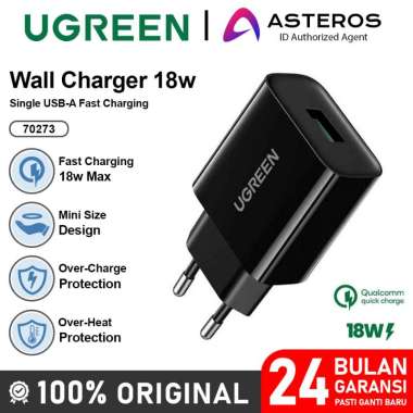 UGREEN Kepala Charger iPhone Android USB A 18W QC 3.0 Fast Charging Black 18W