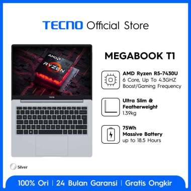 TECNO MEGABOOK T1 R5 - 16GB+512GB, AMD Ryzen 5-7430U, 100%SRGB Display, 75Wh Battery, 65W Type-C GaN