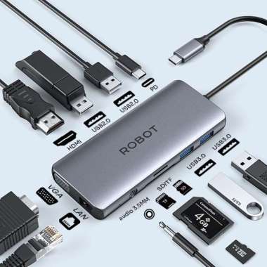 ROBOT HT3110 HUB ADAPTER 11 IN1 USB-C HDMI VGA LAN RJ45 USB3.0 Micro SD Card Reader Audio Jack 3.5mm